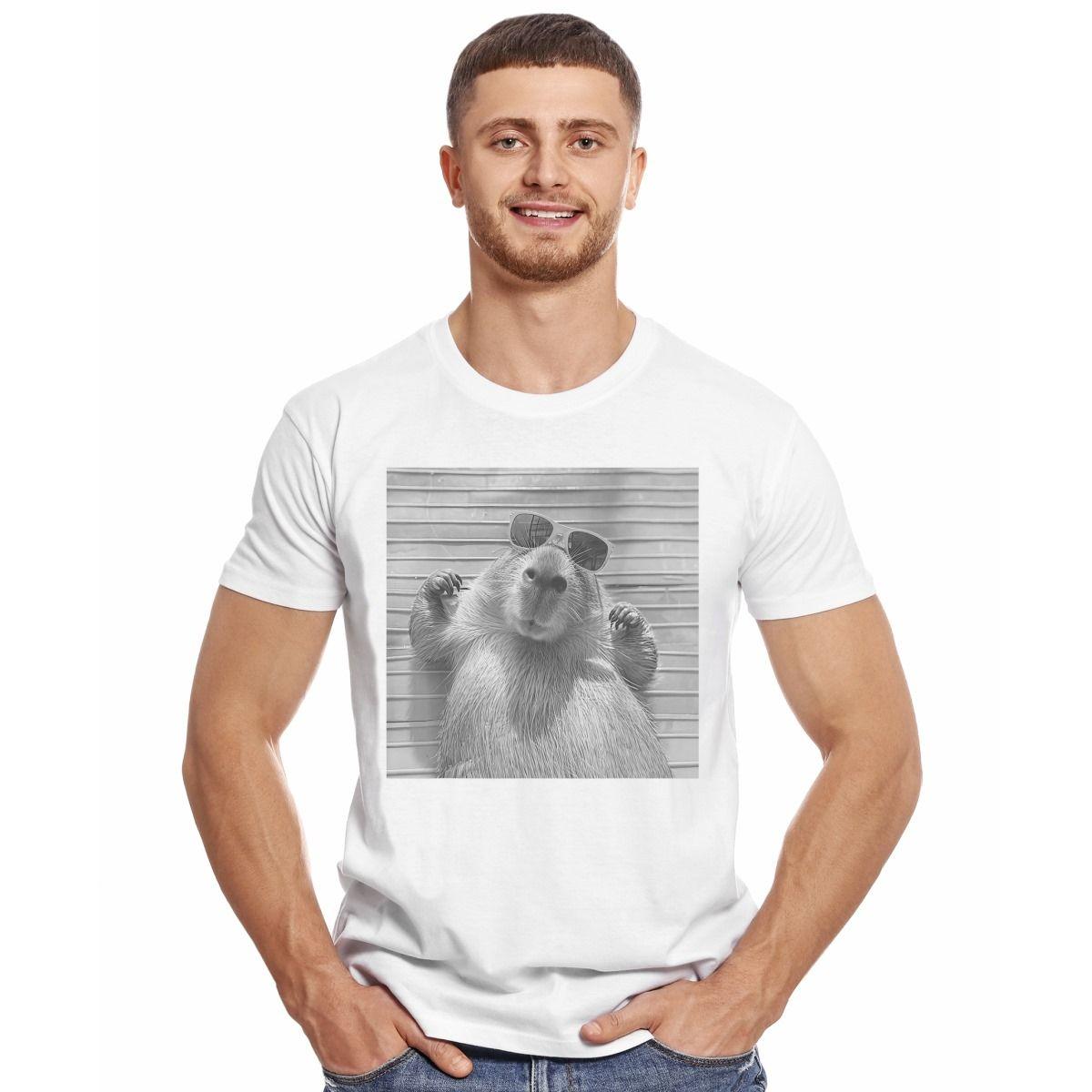 CAPIBARA FOTO CON LENTES BLANCO Y NEGRO POLERA MANGA CORTA HOMBRE-2