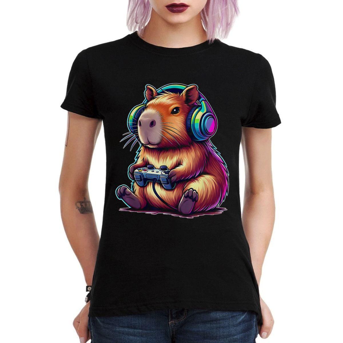 CAPIBARA AUDIFONOS JUGANDO VIDEOJUEGOS CAPYBARA POLERA MUJER-2