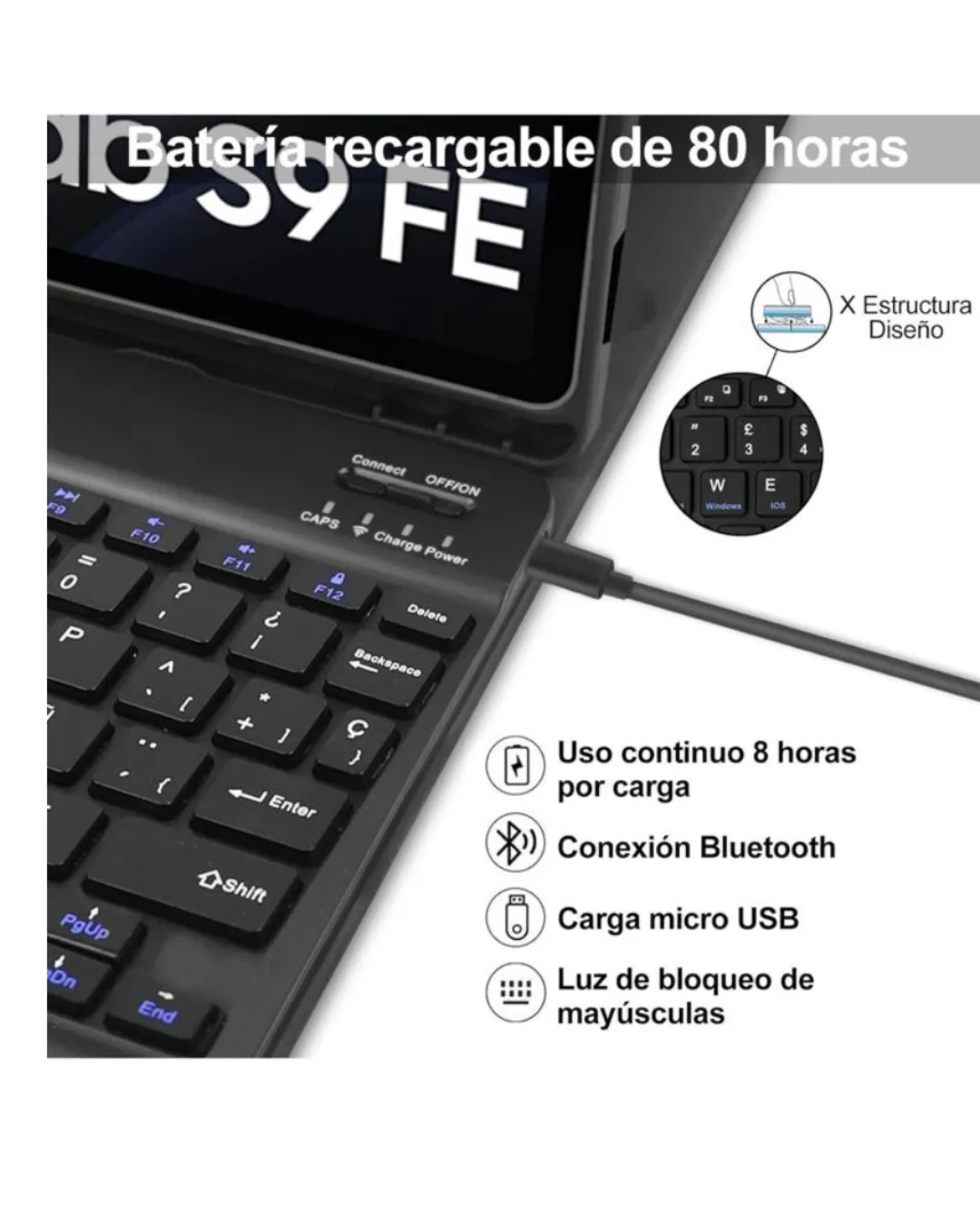 Funda con teclado Bluetooth para Samsung S9 fe 10.9" -3