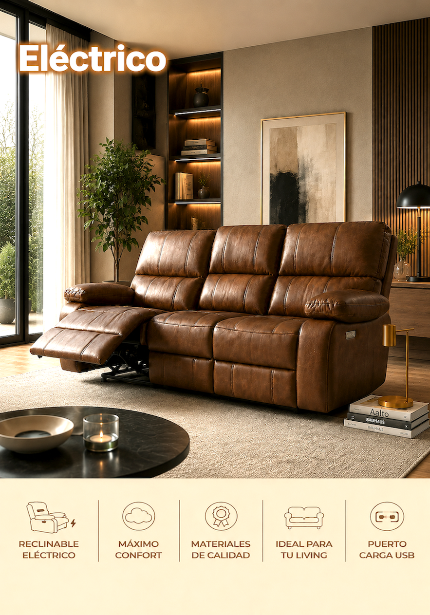 SOFA RECLINABLE ELECTRICO RELAXLINE 3 CUERPOS VINTAGE CAFE USB-0