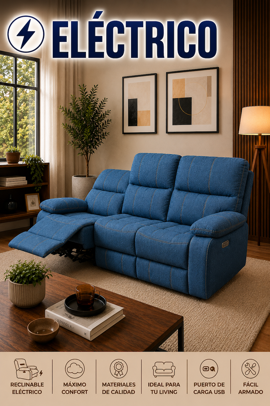SOFA RECLINABLE ELECTRICO CasaFactory  3 CUERPOS FELPA AZUL CARGADOR USB-0