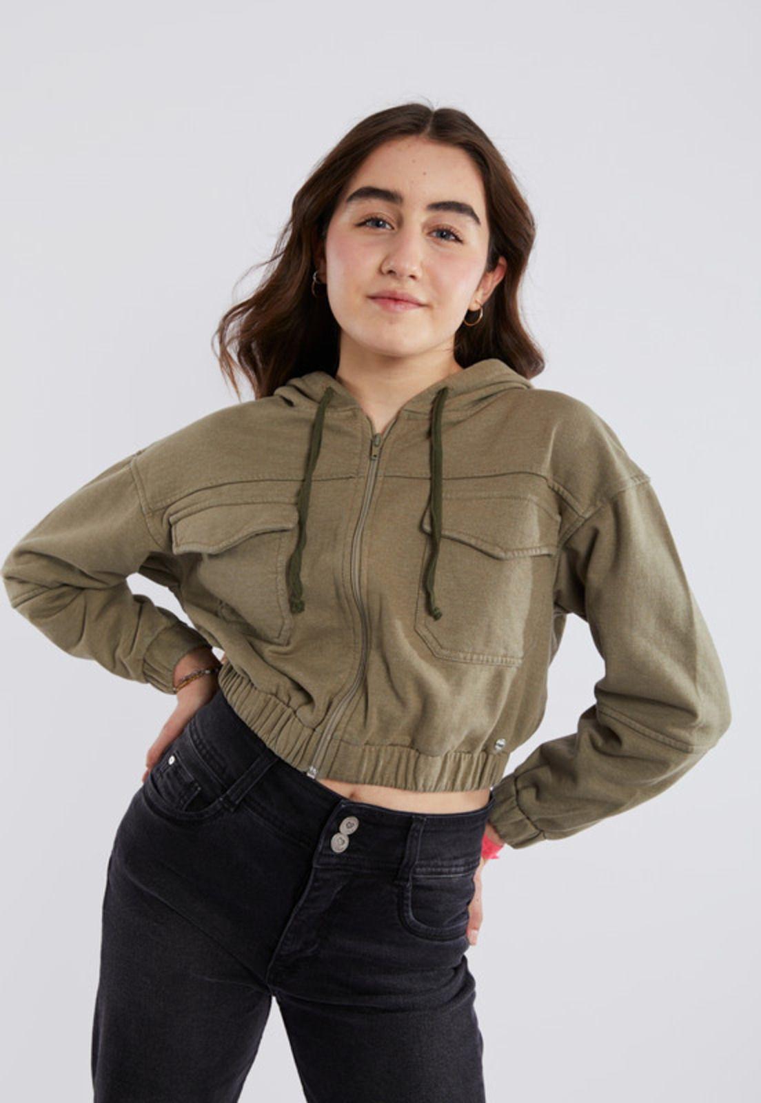 Polerón Crop Oversize Elsie Bolsillo Cargo Verde Cacao-1