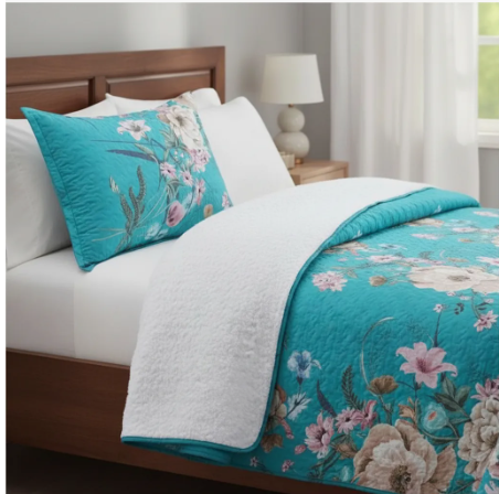 Cubrecama sherpa King Turquesa Flores M915-1