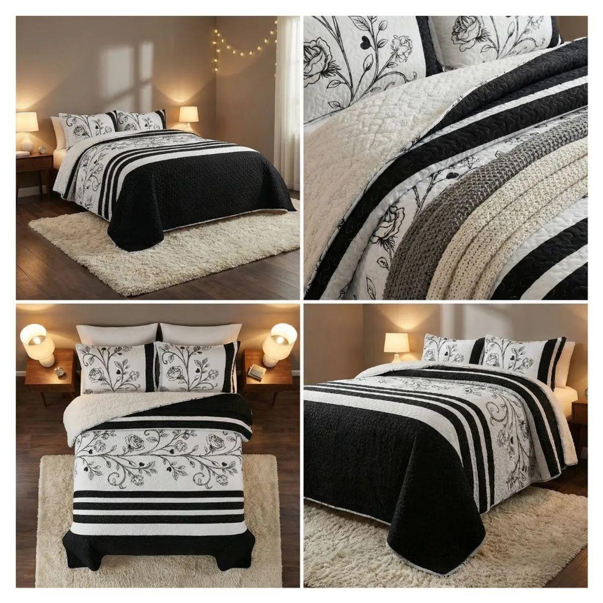 Cubrecama sherpa King Negro Blanco Rosas M950-3