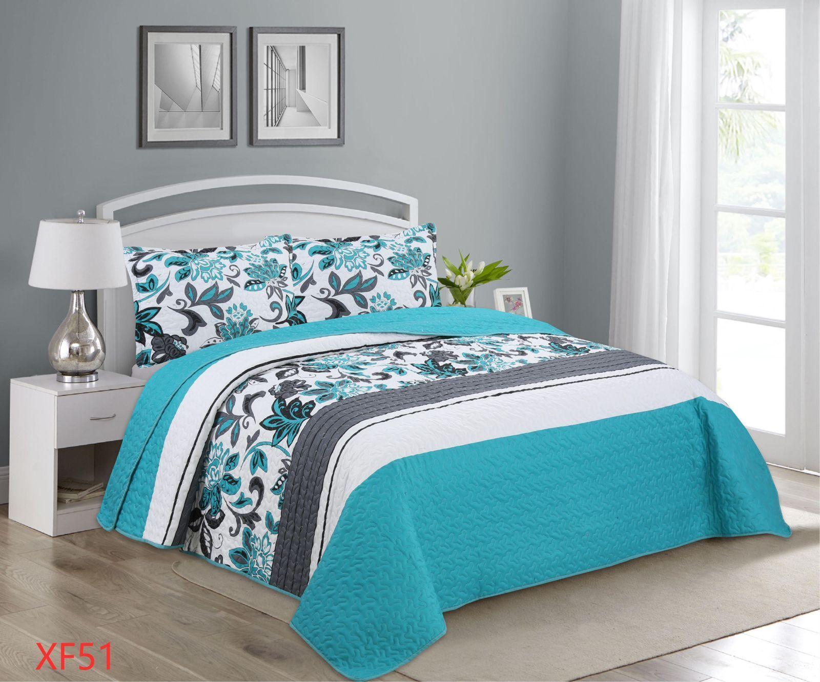 Cubrecama Quilt Verano King Turquesa - blanco - gris con diseño de flores combinación de cores XF51-1