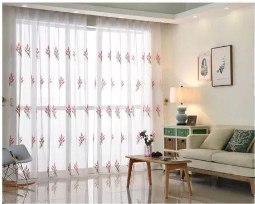 Cortina Velo Visillo Bordado 140 x 230 cms 2 Paños - Blanco Rosa Lavanda-0