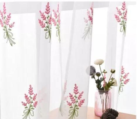 Cortina Velo Visillo Bordado 140 x 230 cms 2 Paños - Blanco Rosa Lavanda-1