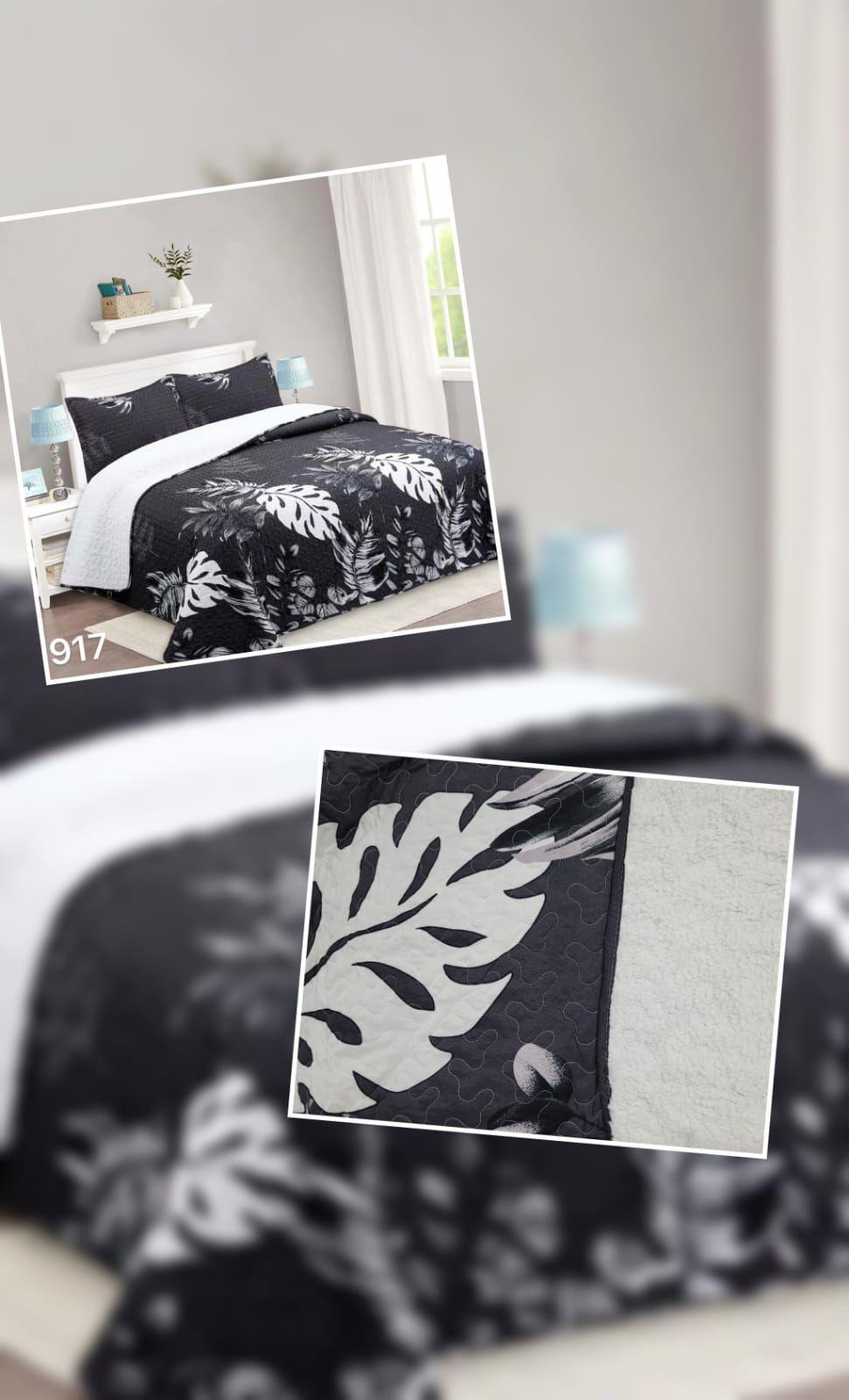 Cubrecama Sherpa King - Negro Hojas M917-3