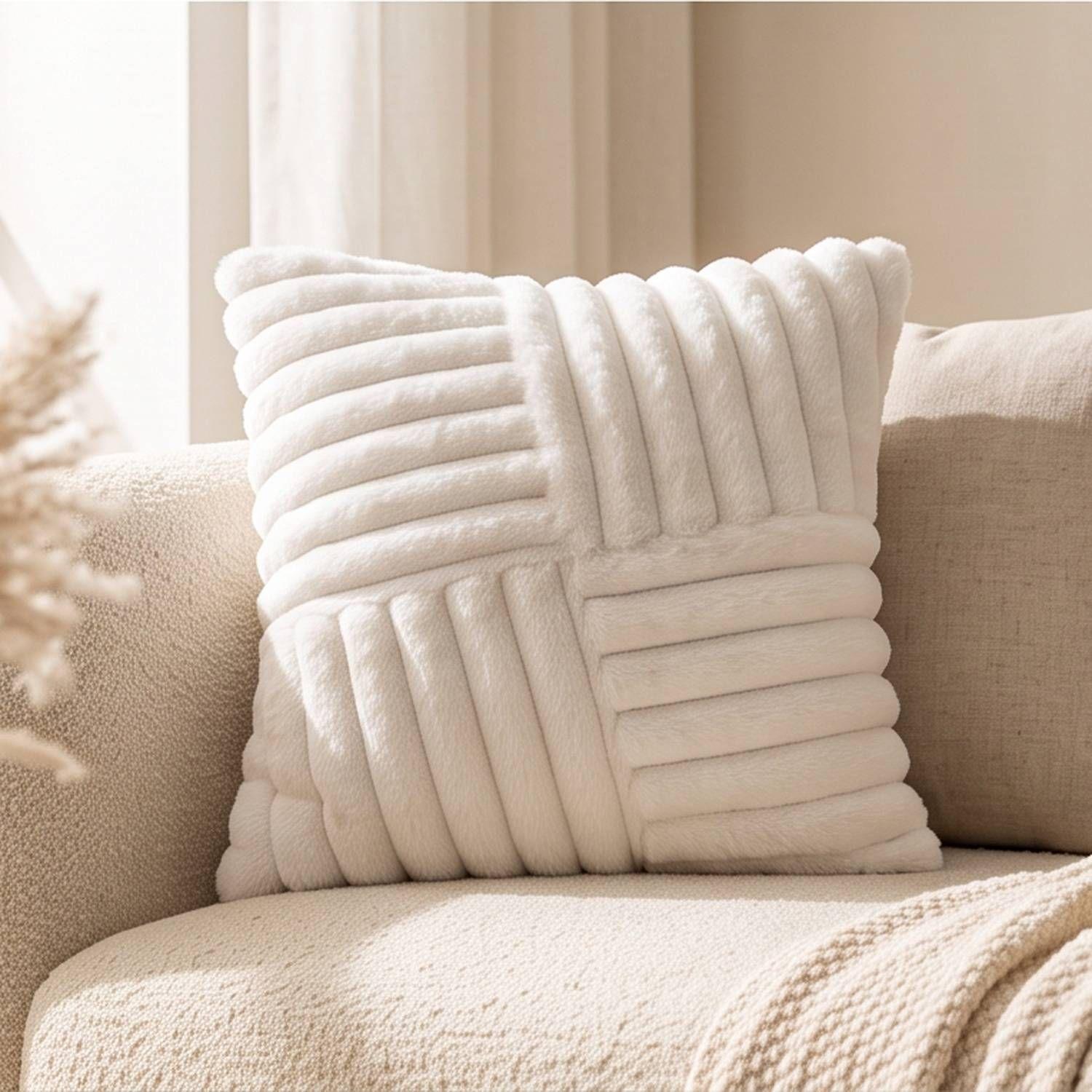 Set 2 Fundas de Cojín Peluche Suave Rayas Blanco 45x45 cm Colección Alaska Svalbard-0