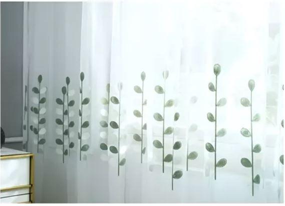 Cortina Velo Visillo Bordado 140 x 230 cms 2 Paños - Blanco Hojas  Verdes-0