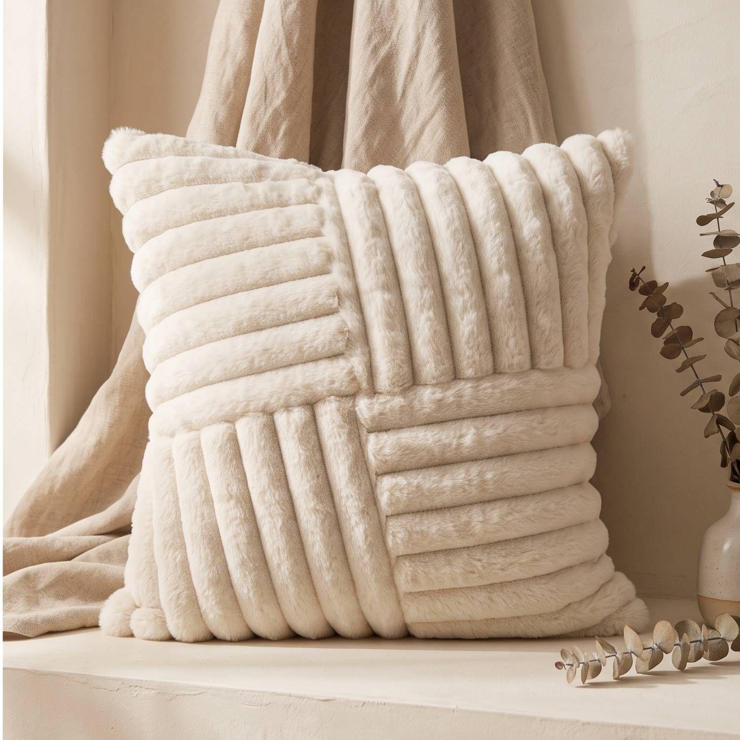 Set 2 Fundas de Cojín Peluche Suave Rayas Crema 45x45 cm Colección Alaska Tromsø-2