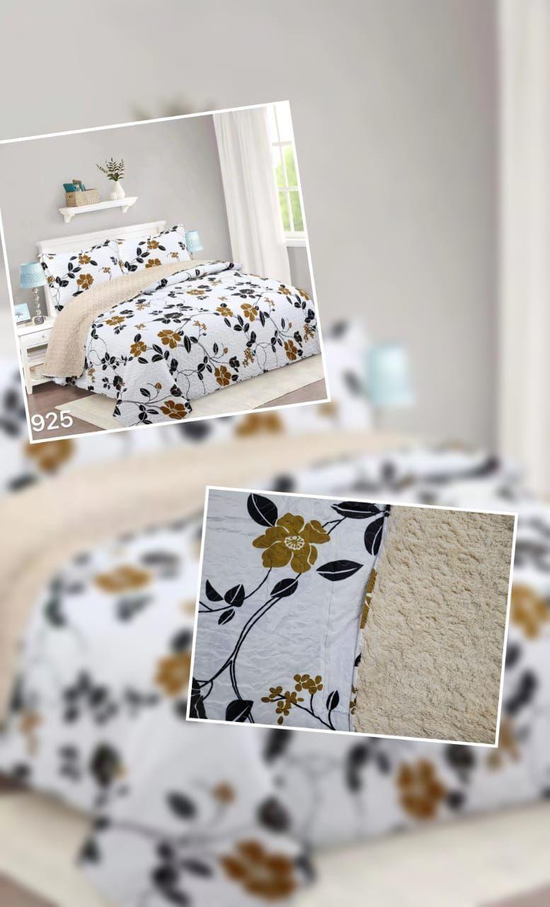 Cubrecama Sherpa 1.5 Plazas - Blanco Hojas Doradas M925-2