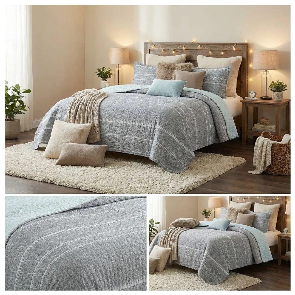 Cubrecama sherpa King Gris Triangulos M946-2