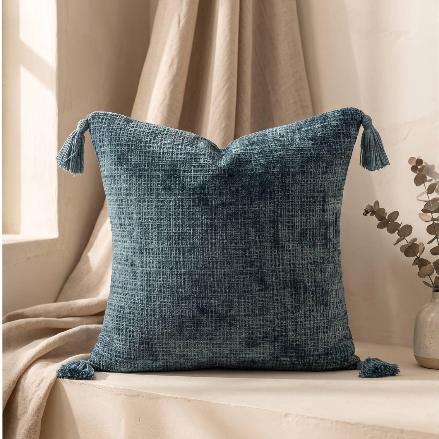 Set 2 Fundas de Cojín Chenille con Borlas Turquesa 45x45 cm Colección Capri Pantelleria-0