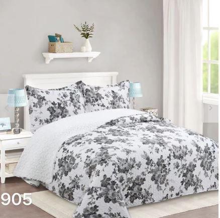 Cubrecama Quilt Sherpa King - Blanco Gris Hojas M905-2