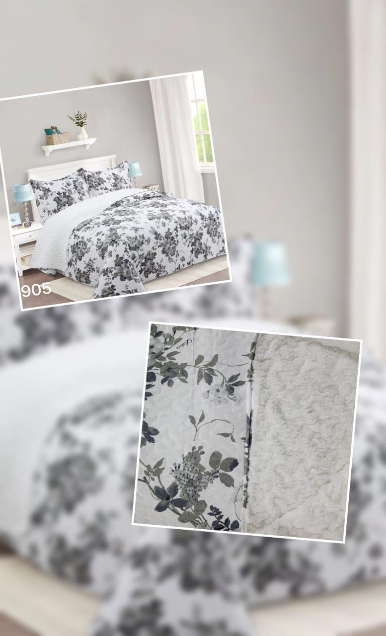 Cubrecama Quilt Sherpa King - Blanco Gris Hojas M905-4