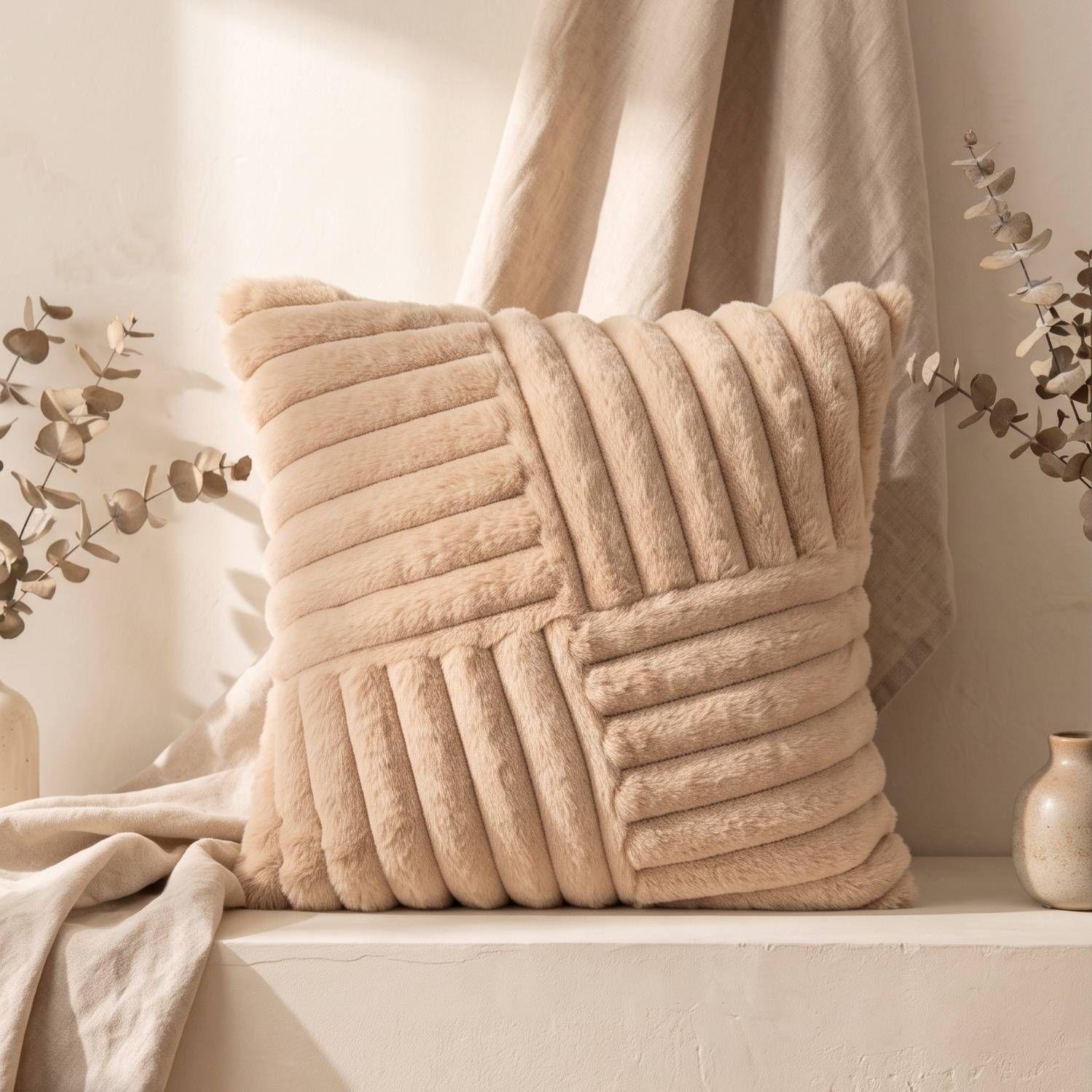 Set 2 Fundas de Cojín Peluche Suave Rayas Beige 45x45 cm Colección Alaska Reikiavik-2