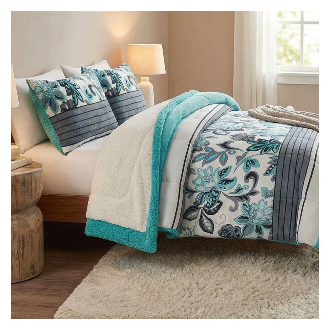  Cubrecama sherpa King Turquesa Hojas M910-2