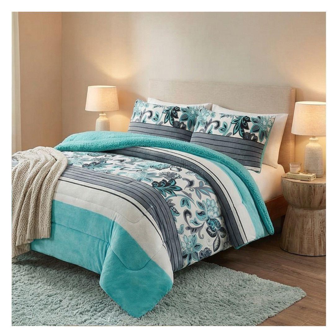  Cubrecama sherpa King Turquesa Hojas M910-3