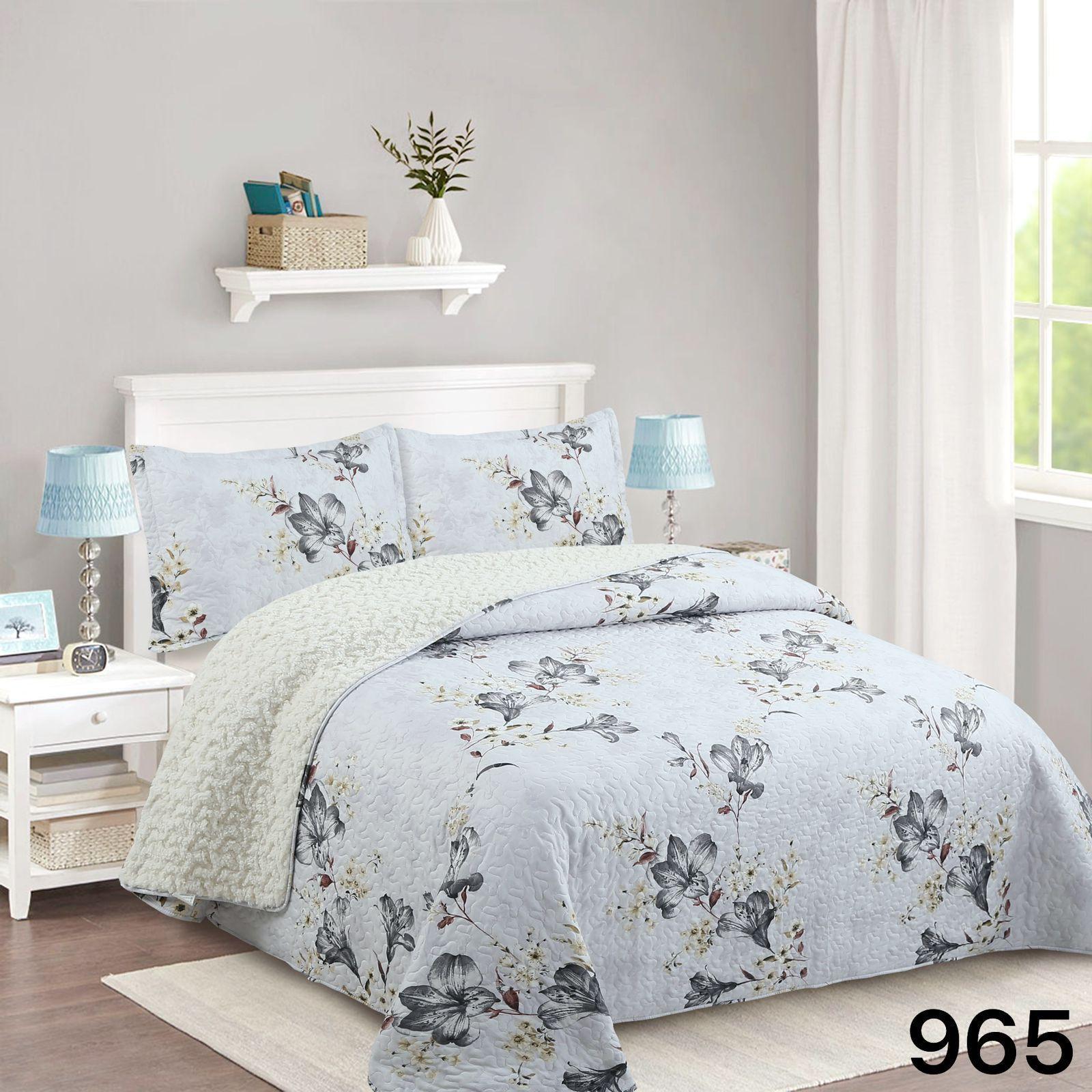 Cubrecama Sherpa King - Blanco con diseño Floral Rústico en tonos negro, gris y amarillo M965-2