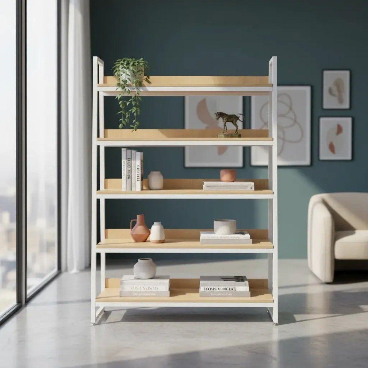 Estante Librero Metálico 5 Niveles Madera Moderno-2