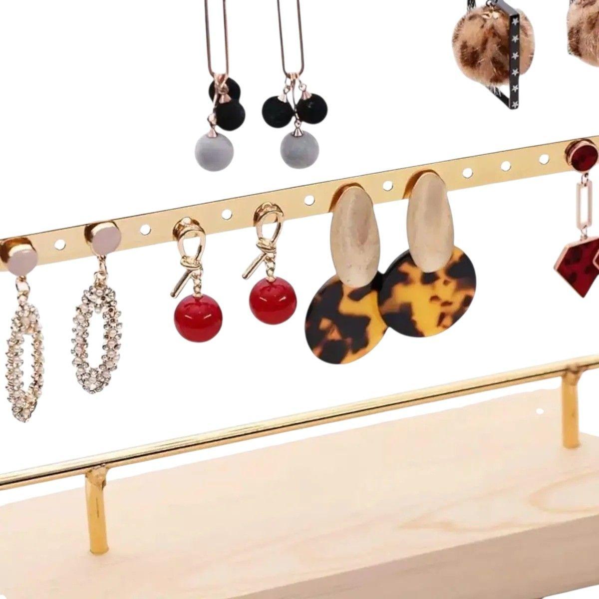 Organizador De Aretes Dorado Con Base De Madera Mediano-2