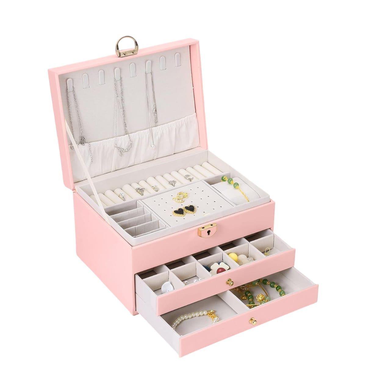 Elegante Joyero Organizador de 3 Capas Rosa -2