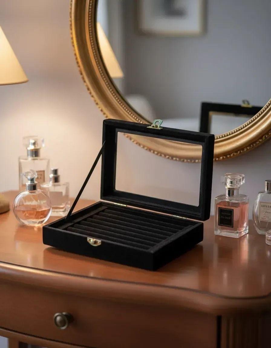 Caja Joyero Terciopelo Negra Con Tapa De Vidrio 28cm-1