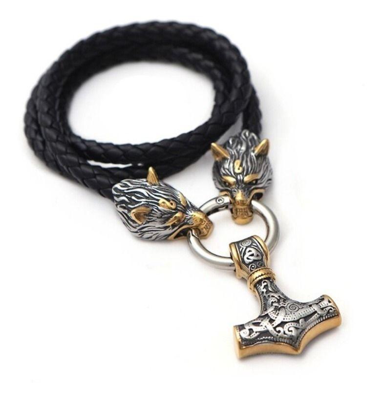 Collar Martillo Gold Vikingo Hombre Nordico Lobo 2022-0