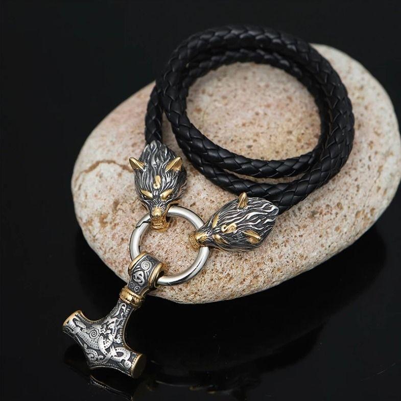 Collar Martillo Gold Vikingo Hombre Nordico Lobo 2022-1