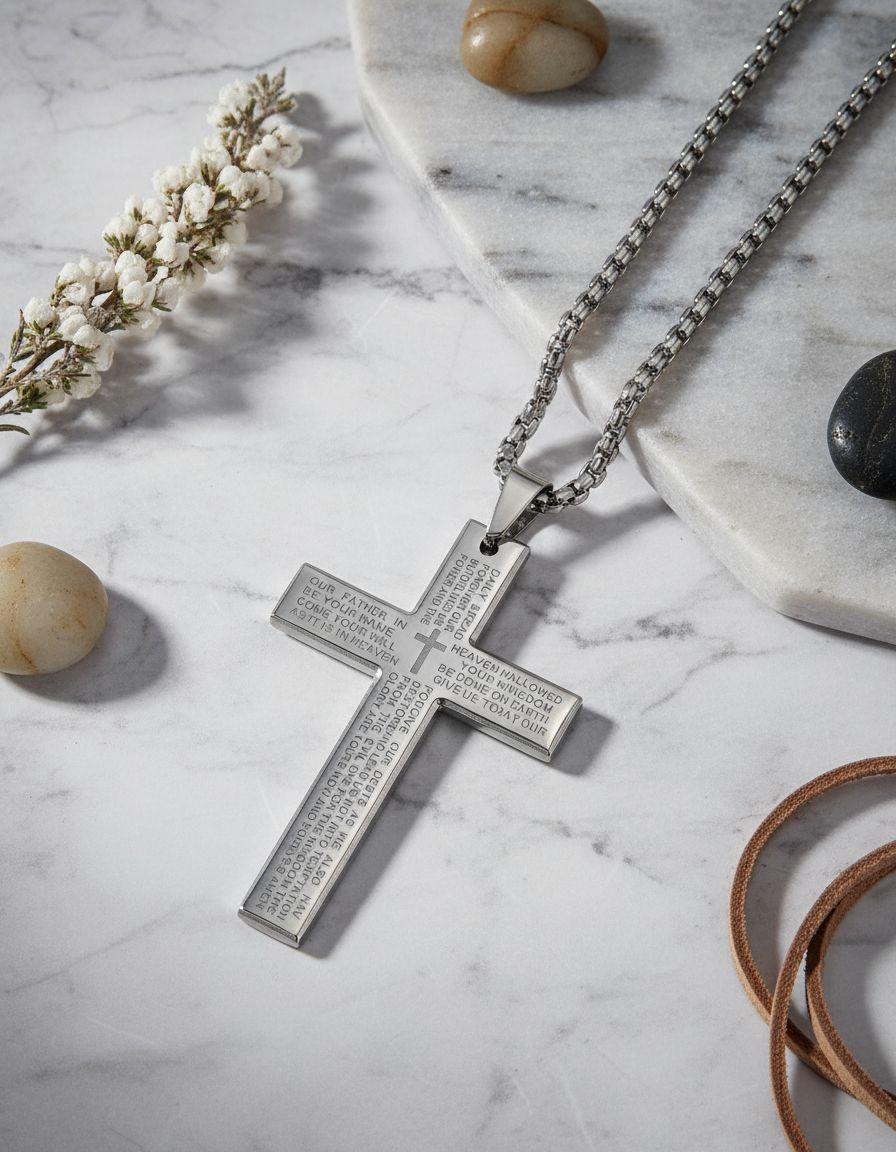 Collar Cruz Oracion Silver Hombres Caballeros Masculina-8