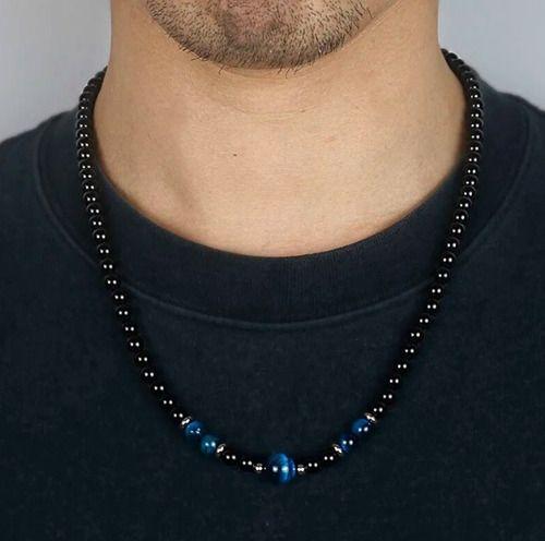 Collar Piedra Onix Y Ojo De Tigre Dark Blue Hombre Moda 2025-2