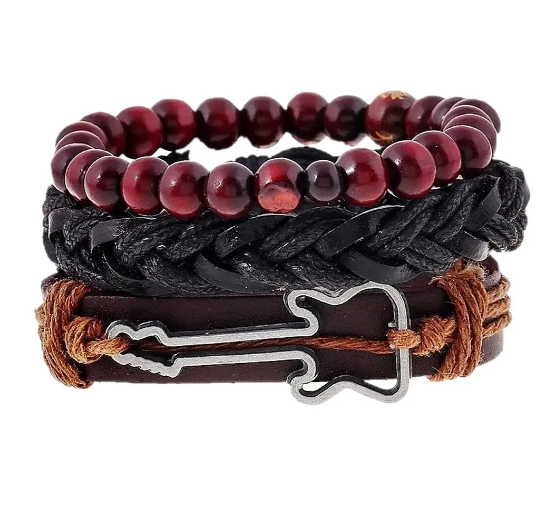 Conjunto Pulsera De Cuero Guitarra Hombre Mujer Moda-3