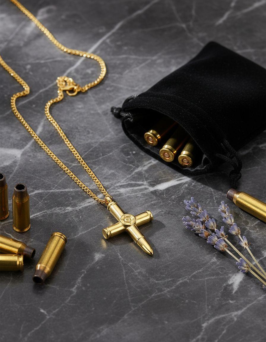 Collar De Bala Cruz Gold Titanio Hombre Mujer Moda-2