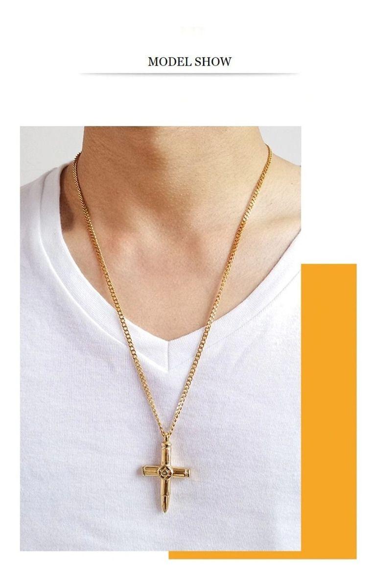 Collar De Bala Cruz Gold Titanio Hombre Mujer Moda-3