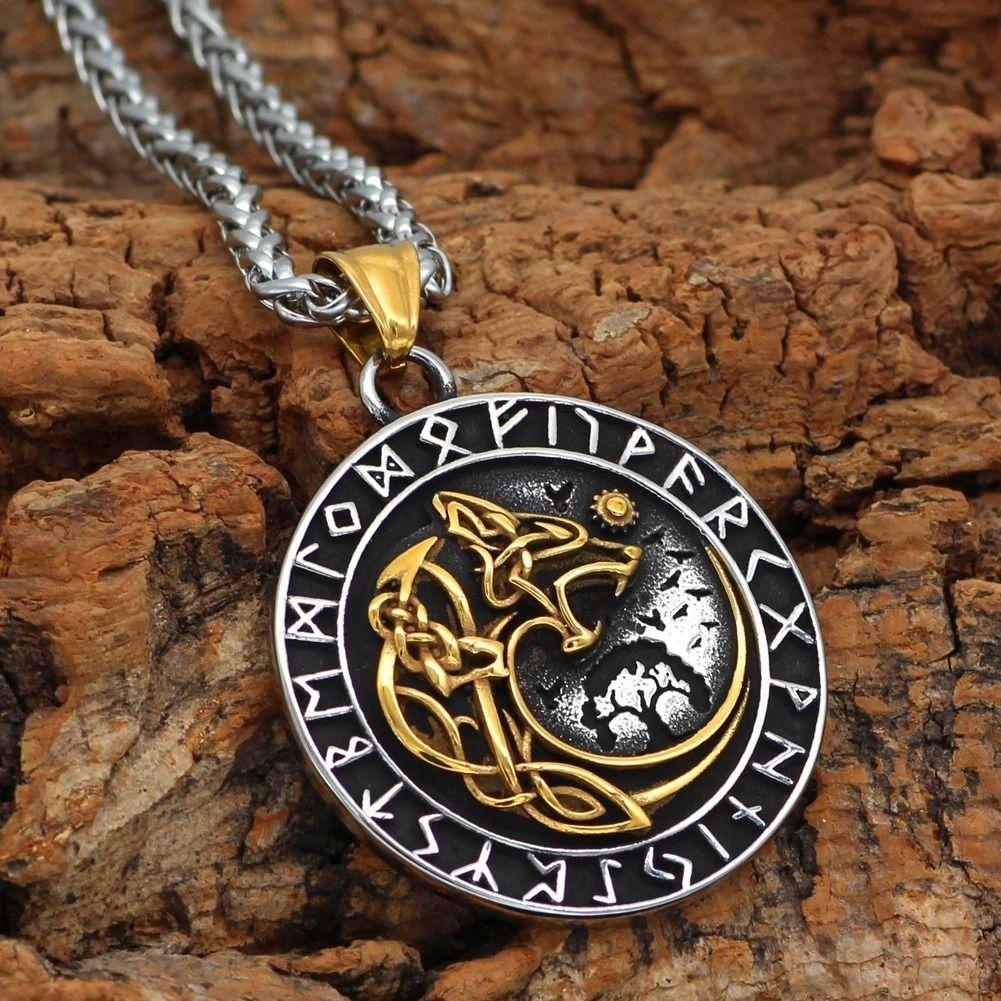 Collar Vikingo Runas Vegvisir Moon Wolf Hombre Moda 2022-3