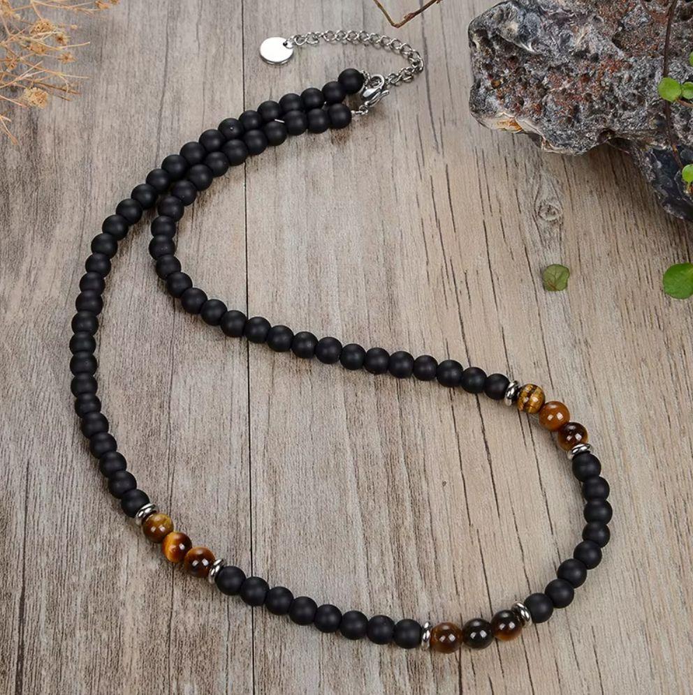 Collar Piedra Onix Y Ojo De Tigre Hombre Moda M1-2