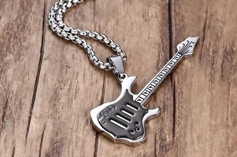 Collar Guitarra Electrica Black Silver Hombre Mujer Titanio-2