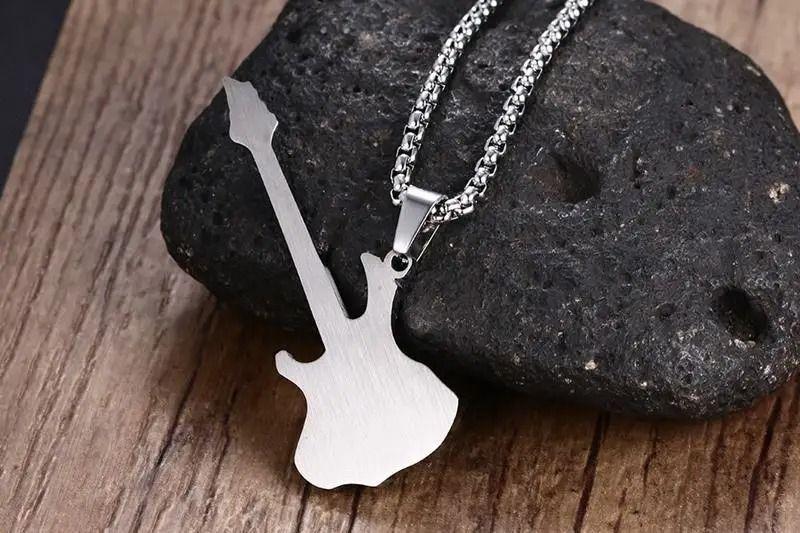 Collar Guitarra Electrica Black Silver Hombre Mujer Titanio-3