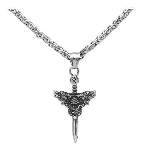 Collar Hombre Vikingo Espada Valknut Lobos Silver Space-0