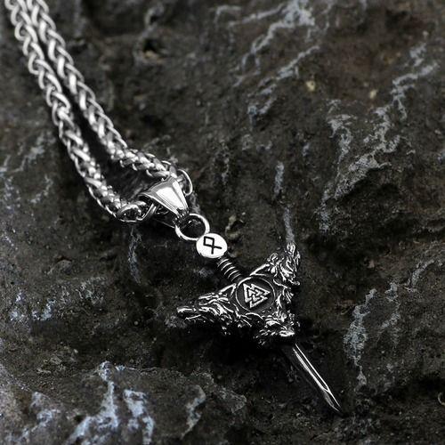 Collar Hombre Vikingo Espada Valknut Lobos Silver Space-1