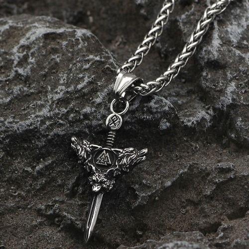Collar Hombre Vikingo Espada Valknut Lobos Silver Space-2