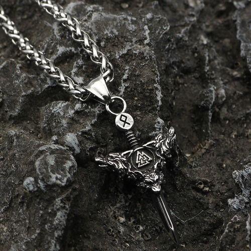 Collar Hombre Vikingo Espada Valknut Lobos Silver Space-3
