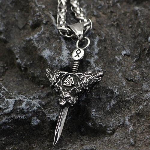 Collar Hombre Vikingo Espada Valknut Lobos Silver Space-4