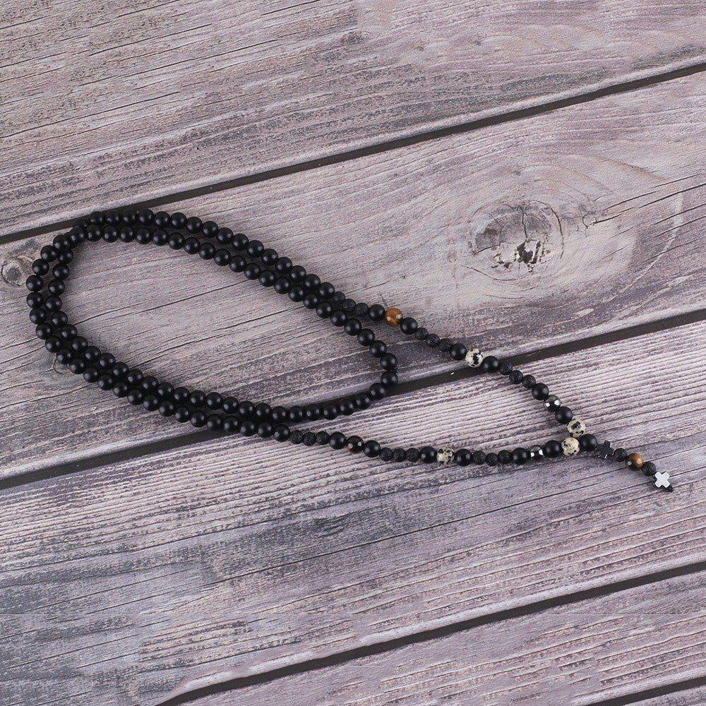 Collar Caballero Piedra Onix Y Ojo De Tigre Y Hematita Cruz-2