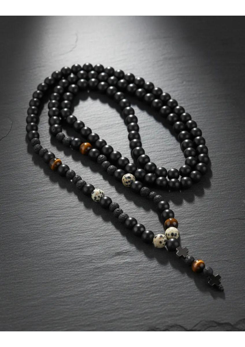 Collar Caballero Piedra Onix Y Ojo De Tigre Y Hematita Cruz-3