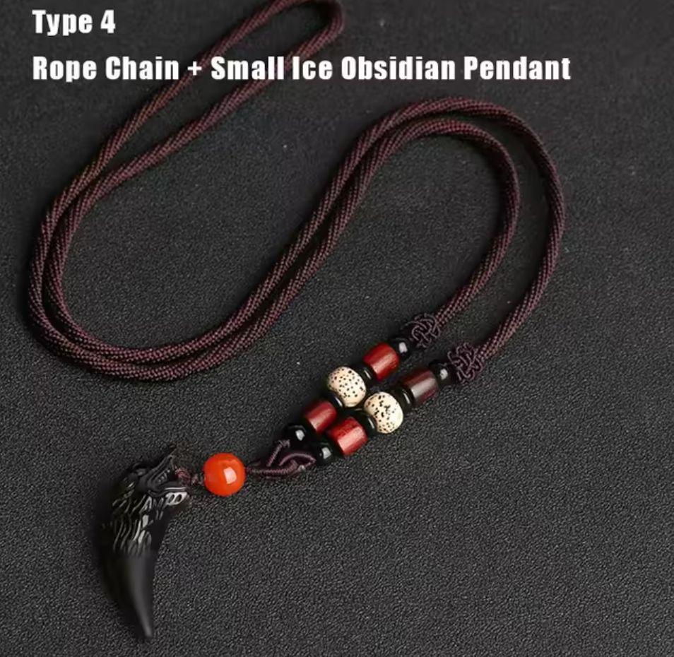 Collar De Lobo Piedra Obsidina Hombre Mujer Moda Masculina-1