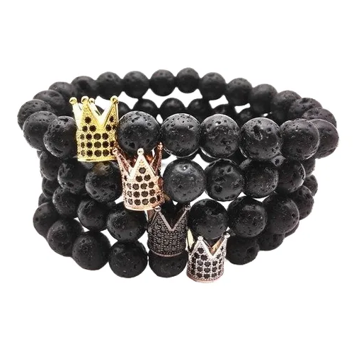 Pulsera De Piedra Volcania Corona Rose Hombre Mujer Rm-1