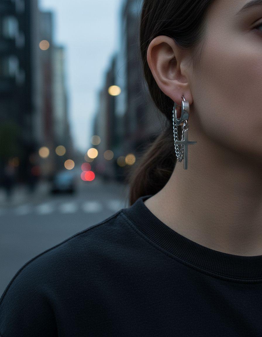 Aros Punk Cruz Silver Space Chains Hombre Mujer-3