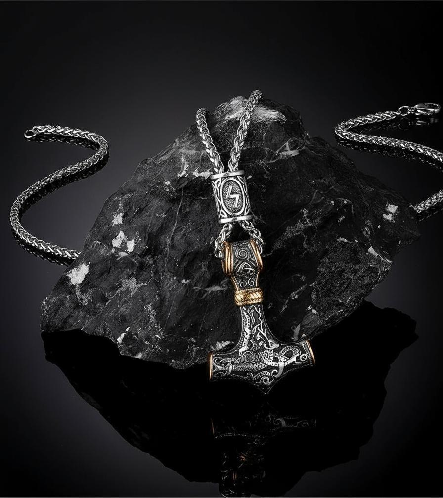 Collar Vikingo Martillo Thor Nordico Runas Hombre Moda-3